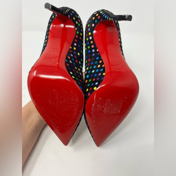 Christian Louboutin Hot Chick Black Suede Multicolor Polka Dot Heel Pump 37.5 EU - Picture 5 of 7